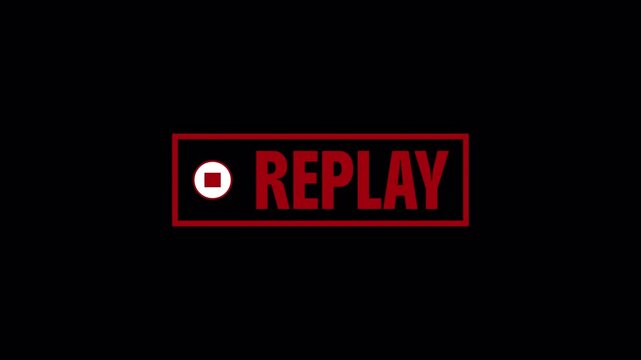Replay text animation on black for repeating the action with symbol, rewind or repeat symbol with replay text animation.