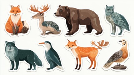 Obraz premium Whimsical forest animal sticker sheet featuring moose, bear, fox, deer and wolf characters in a cute cartoon style on white background