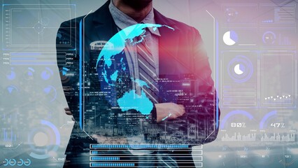 High-tech global network connection interface showing worldwide digital communication, data exchange, and internet connectivity. Global connection, data interaction, and worldwide communication. Thunk