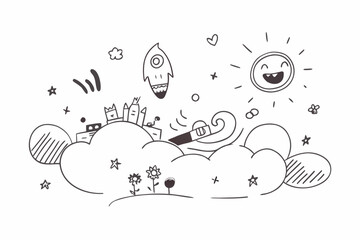 Whimsical doodle art captures imaginative journey with rocket, smiling sun, and floating city on clouds, sparking creativity and wonder for children's books and playful designs