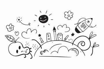 Whimsical doodle art captures imagination with pencils, sun, clouds, stars, and playful faces sparking creativity and joy for learning and growth.