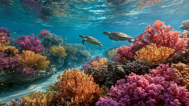 Sea Turtle Swimming Over Colorful Coral Reef Underwater Scene