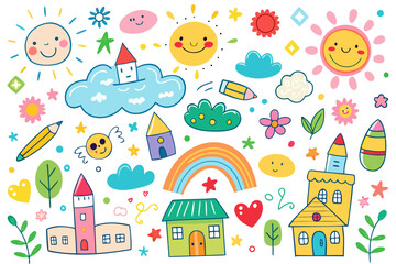 Obraz premium Whimsical Doodle Collection Featuring Smiling Sun, Rainbow, Cute Houses, Flowers, Pencils, and Hearts for Children's Designs and Educational Content