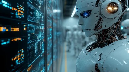 A white robot interacts with a large screen displaying complex code in a dimly lit tech environment - Powered by Adobe