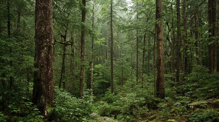 Serene lush green forest with tall straight trees and dappled sunlight filtering through dense foliage in a tranquil natural woodland scene