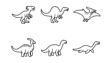 Six Line Art Drawings of Various Dinosaur Species on a White Background. Black outline