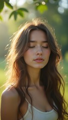 Naklejka premium Serene young woman basking in sunlight