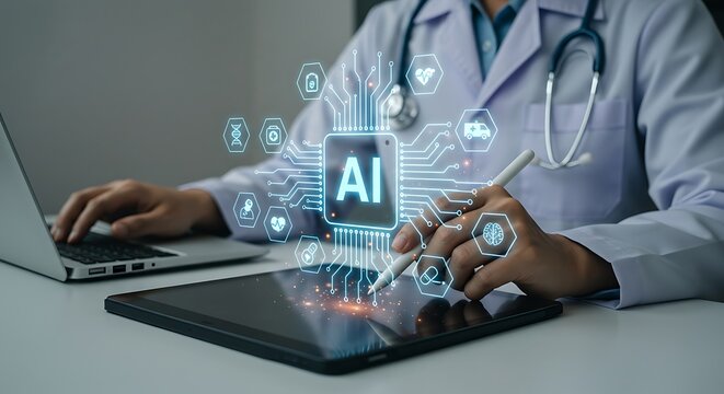 Doctor using AI on tablet with medical data and technology integration
