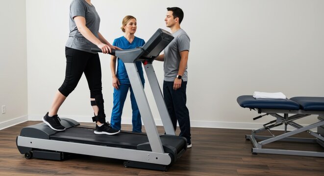 Physical therapy session with patient using a treadmill in a clinical setting
