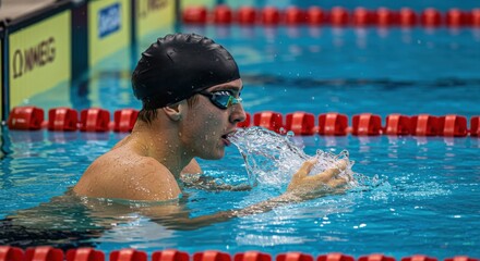 Competitive swimmer takes a breath during an intense training session at the pool