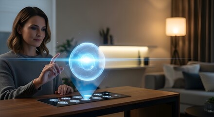 Woman Using Futuristic Holographic Interface on a Smart Home Control Panel