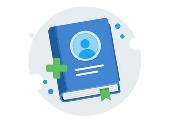 Flat illustration of a blue book with a profile icon and a plus sign, representing contacts or user information