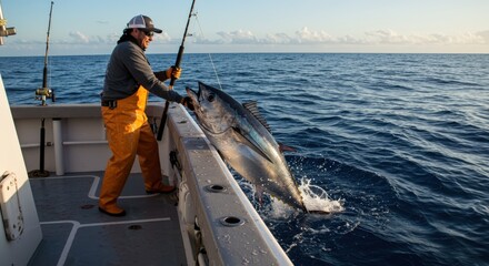 Angler reeling in a large tuna during a morning fishing trip in the ocean
