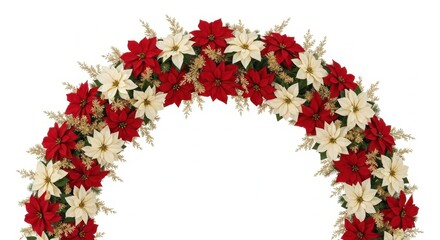 Red and white poinsettia floral arch isolated on white background