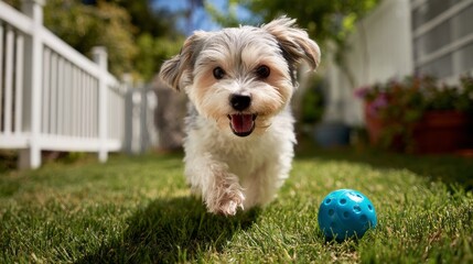 Happy small dog running toward the camera on lush green grass in a sunny suburban backyard with white picket fence and blurred background