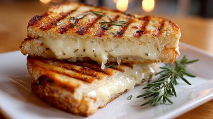 Grilled mozzarella cheese sandwiches stacked on rustic wooden plate with melted cheese filling and golden toasted bread