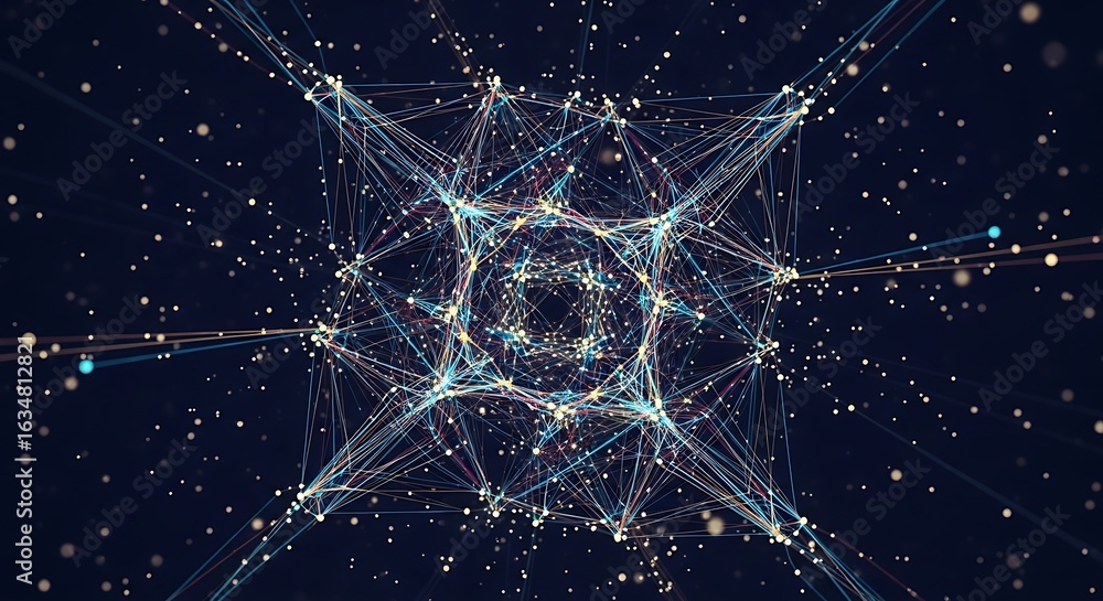 Poster dynamic digital network abstract with glowing nodes and connecting lines, suggesting data flow and i