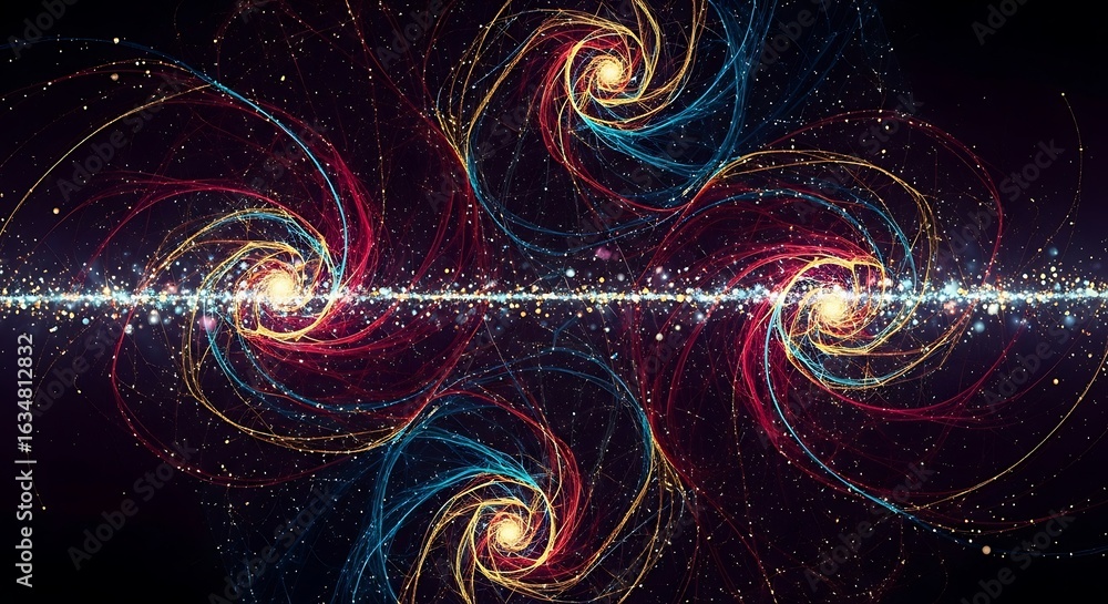 Poster dynamic abstract energy swirls with vibrant light particles creating a sense of cosmic wonder and mo