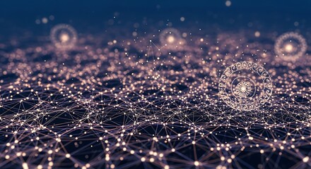 Stunning network visualization showcases cutting edge technology with interconnected nodes and dynamic data flow