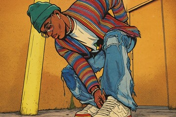 Stylish man tying his sneakers while leaning down in a casual urban setting.

