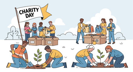 Vector scene of diverse volunteers planting trees and giving out clothes, cheerful faces, charity day flag in background
