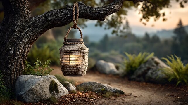 A paper lantern glowing softly under a tree at dusk. - Powered by Adobe