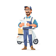 A cartoon of delivery man with a scooter holding a paper in front of a white background.