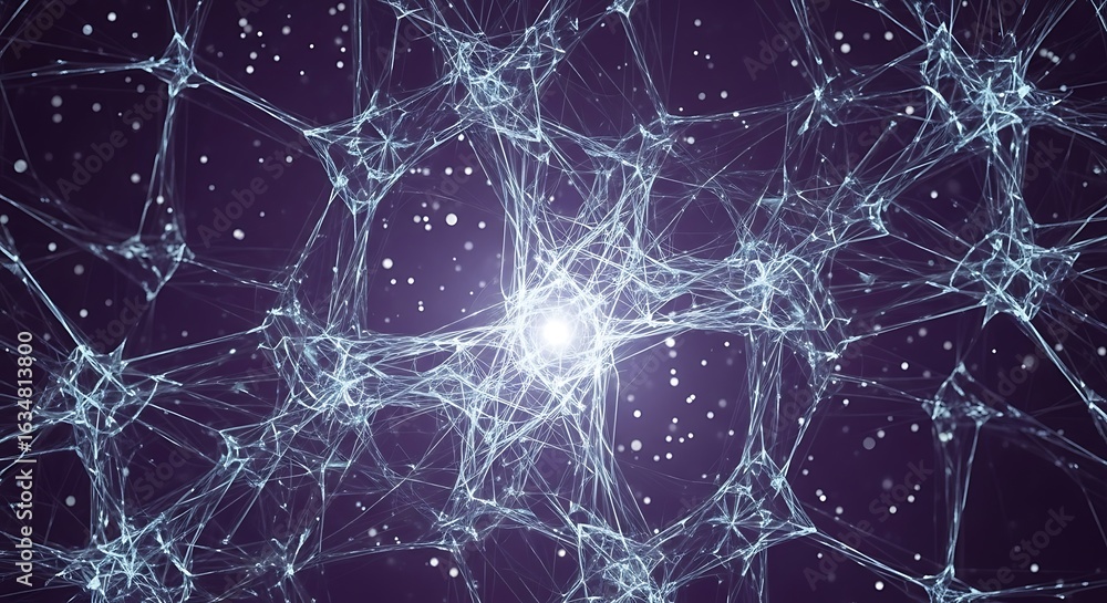 Poster dynamic luminous network of abstract lines and points glowing against a dark purple cosmic backgroun