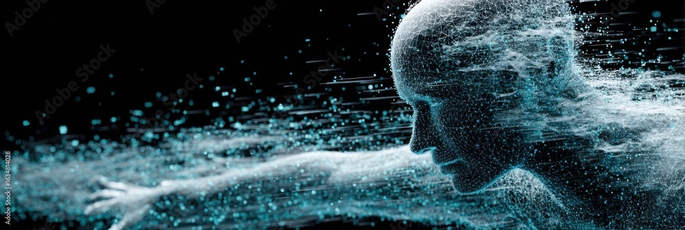 Poster human figure emerging from particles in a digital flow representing motion and technology