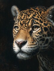 Obraz premium Close-up portrait of a majestic jaguar with golden fur and dark rosette spots staring intensely against a black background