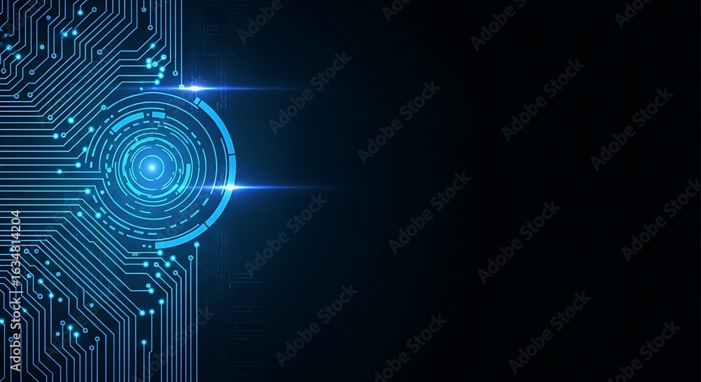Poster dynamic blue circuit board with glowing elements for modern tech, data, and ai applications