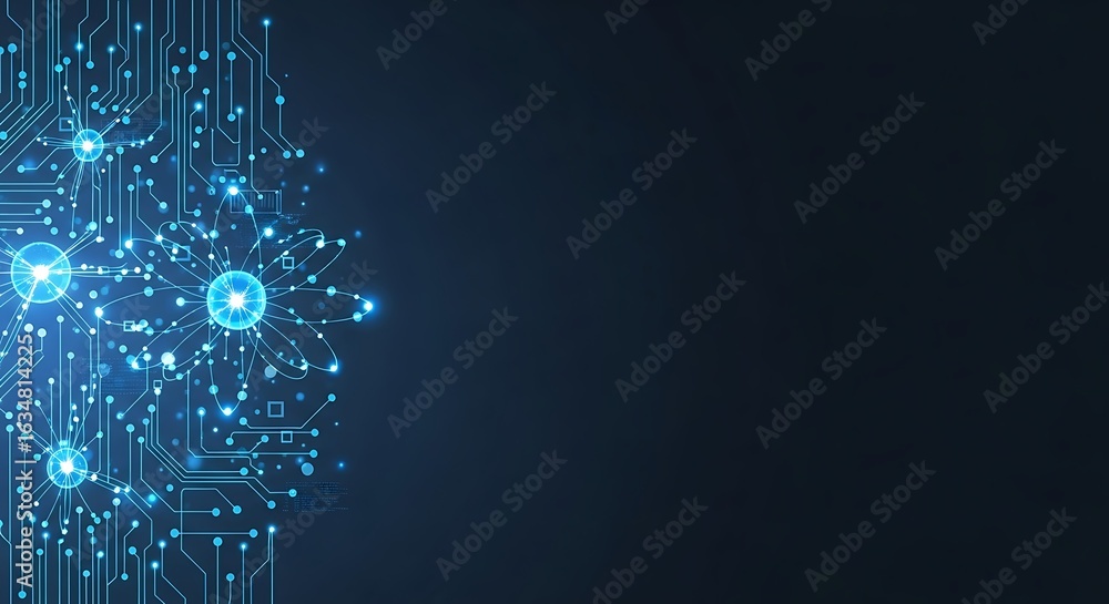 Poster modern technology background with glowing circuit board and atom structure for futuristic designs