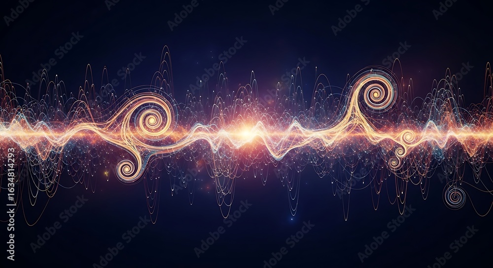 Poster dynamic abstract energy waves with glowing particles and elegant swirls create a vibrant, modern, an