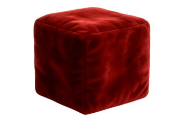 3D red velvet cube or ottoman png file. A soft fabric pouf for furniture and interior design concepts. Red velvet cube isolated on transparent background for luxury home decor design.