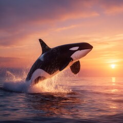 Fototapeta premium Spectacular orca whale leaping from the ocean at sunset with water spray and a golden sky reflecting on the surface, wide-angle nature shot