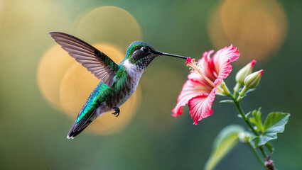 Fototapeta premium Vibrant hummingbird in flight, feeding from a pink hibiscus flower. Beautiful nature scene.