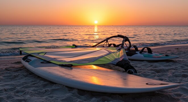 Windsurfing gear resting on the beach as the sun sets over the ocean horizon - Powered by Adobe