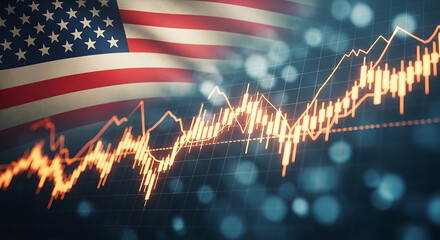 Financial markets performance represented with stock graph overlaying the united states flag