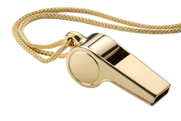 Golden whistle with a lanyard isolated on a white background
