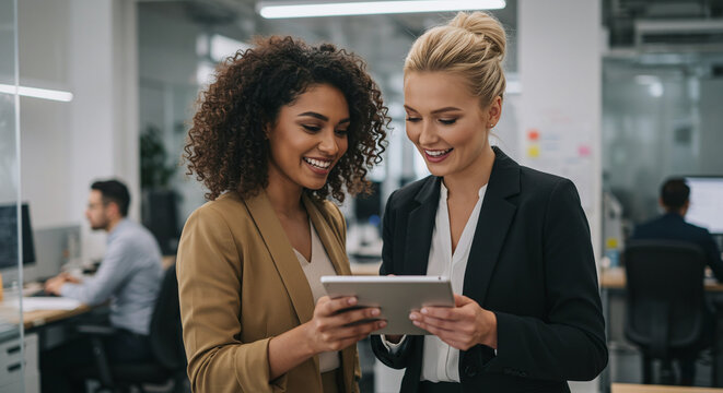 Two women smiling warmly while reviewing a tablet in an office setting. Suitable for technology, business, teamwork, digital communications.