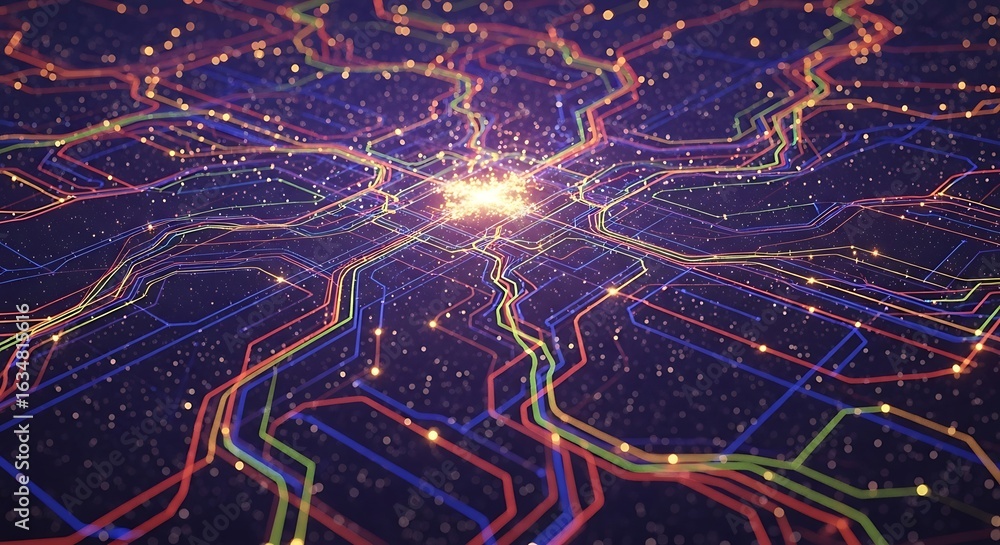 Poster dynamic network connections illuminate data flow and digital innovation in a modern tech landscape