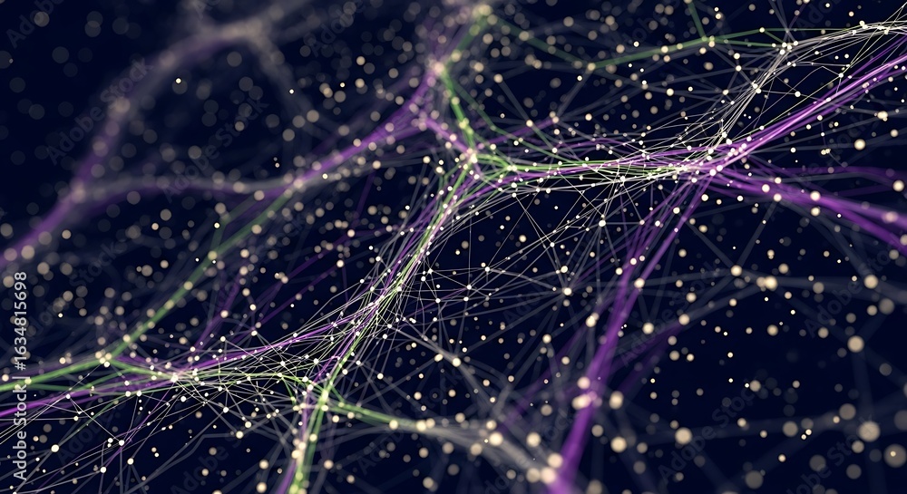 Poster dynamic abstract network of glowing nodes and connecting lines in deep space, futuristic data flow v