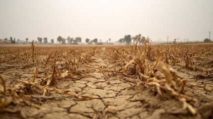 Parched agricultural field with withered corn stalks and cracked dry soil under a hazy sky highlighting severe drought and environmental stress