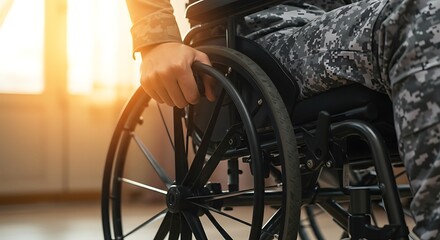 Wounded Veteran in Camouflage Uniform Using Wheelchair Indoors