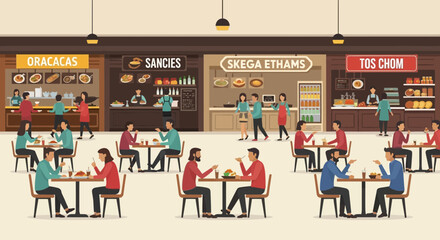Busy Food Court Scene With People Eating At Various Food Stalls