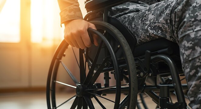 Wounded Veteran in Camouflage Uniform Using Wheelchair Indoors