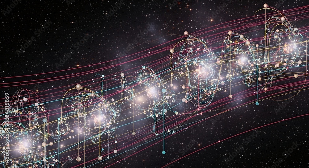 Poster dynamic digital network connecting abstract glowing orbs and lines against starry cosmos background