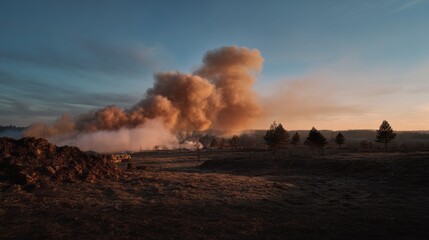Huge dust plume rises from a barren plain at sunset, casting orange light over the scorched ground and creating a dramatic, apocalyptic atmosphere.