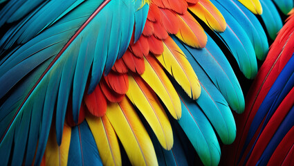 Obraz premium Close-up of colorful macaw feathers. Vivid blue, red, and yellow plumage.