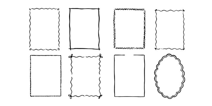 Hand drawn ink vintage frames in marine sea coastal style. Stamp or letter mark frames for greeting cards, wedding, birthday party, invitations. Minimalist coquette vector borders. Sketch art line